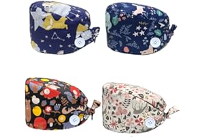 crazy bean 4 Pezzi Cappello Scrub Turbante Elastico Annodato Berretto Cappello Cappello in Cotone Unisex con Fascia Sudore Stampati Colorati Cappello Turbante con Bottone