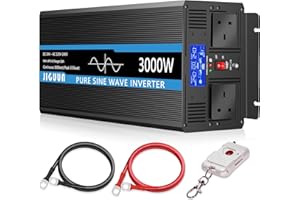 JIGUUN 3000W Inverter 24V 240V Pure Sine Wave with 20A Charger and Mains Priority and UPS Function, 2 UK Sockets, Wireless Remote Control and LCD Display Peak Power 6000W