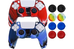 Hikfly Skin for PS5 Controller Silicone Cover for Sony PlayStation5 Controller Grip Skin Protector Faceplates Kits Video Games(2x Cover with 8 x Thumb Grips Caps)(CamoRed,CamoBlue)