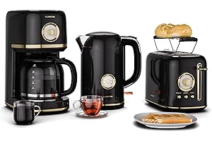 Klarstein Victoria Set Petit-Déjeuner Complet – Grille-Pain 2 Fentes 7 Niveaux, Bouilloire Électrique 1,7L, Cafetière Filtre 12 Tasses, Design Rétro, Support à Petits Pains, Noir