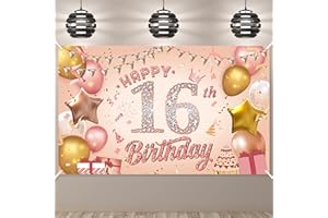 Pinenuts Happy 16th Birthday Banner Rose Gold Party Decorations Backdrop, Sign Poster Photo Background Fabric for Girls Women, 110 x 180 cm