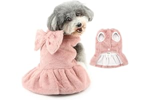 Ranphy Pet Plush Fleece Jumper Dress for Small Dog Fluffy Puppy Princess Skirt Outfits with Leash Ring Bow Sleeveless Yorkie Chihuahua Autumn Winter Female Dog Clothes Cat Clothing,Pink,S