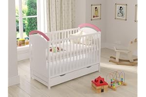 Love For Sleep AMIE Convetible Wooden Baby Cot Bed 120x60cm with Wooden Guard Barrier & Teething Rails (White/Pink)