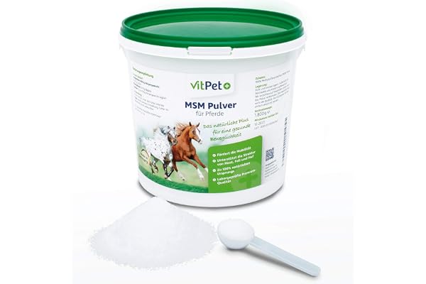 VitPet+ MSM Cheval – Premium MSM Poudre pour chevaux dans un seau de 1,8 kg avec cuillère doseuse (méthylsulfonylméthane / poudre de soufre pour chevaux et chiens)