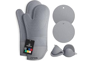 Rorecay Ofenhandschuhe & Topflappen Set - Extra Lange Küchenhandschuhe aus Silikon mit Mini-Schnapphandschuhen und Topflappen für die Küche zum Backen, Kochen oder Grillen 6er-Pack, Grau