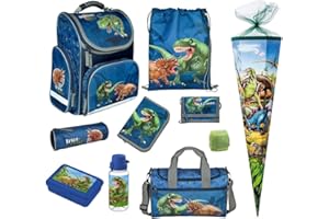 Familando Dinosaurier Schulranzen Set 10 tlg. Ranzen 1. Klasse mit Federmappe, Sporttasche, Schultüte 85cm und Regenschutz