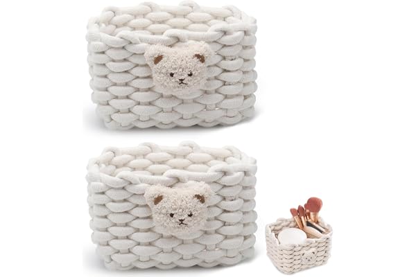 CHUANFU 2 stycken förvaringskorgar, flätad bomull, stickkorg, organisatör, små korgar med björnmotiv, förvaringskorg, korgar, lådor för baby, småbarn, sminkbord vardagsrum