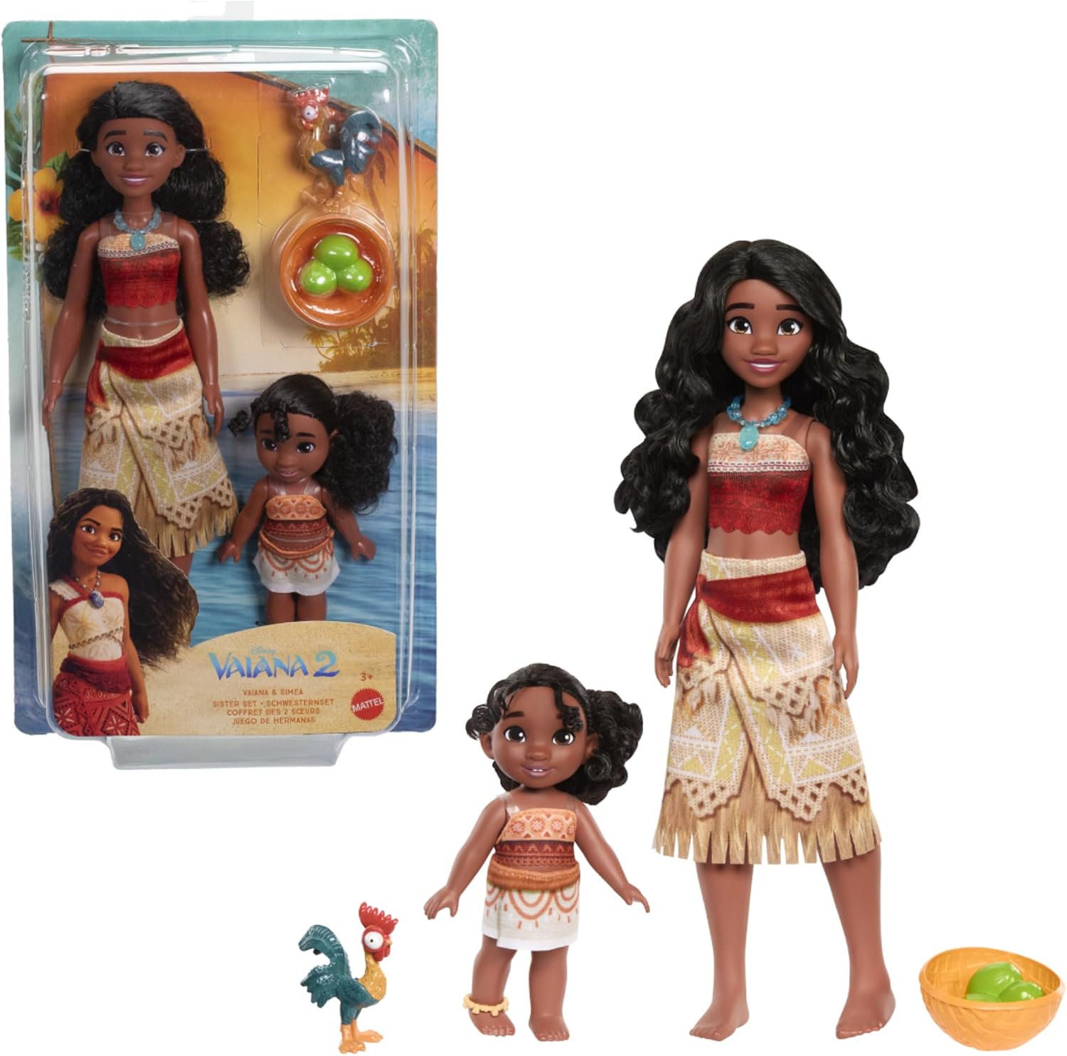 Mattel Disney Vaiana 2 Juguetes, Conjunto de 2 muñecas hermanas con atuendos característicos, mascota Heihei, accesorios de coco y cesta inspirados en la película, JBT66
