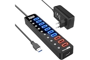 Atolla Hub USB 3.0 Multiprise 11 Ports, USB 7-Ports Transfert de données 5Gbps + 4-Ports Charge Intelligente avec des commutateurs et des LEDs d'alimentation individuels et Adaptateur 12V/4A
