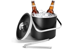 CABLE LEADER 3L Eiswürfelbehälter, Moderner isolierter Eiskübel, Eiswürfelbehälter mit Silikondeckel, Zange+Sieb, doppelwandiger Edelstahl-Eiskübel Eisbehälter für Partys, Bier, Champagner, Wein(Schwarz)