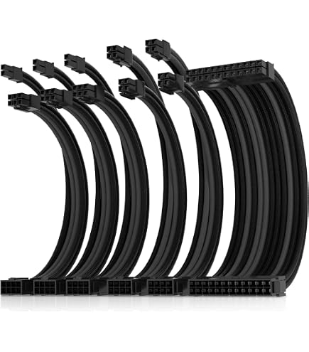 Kit Estensione Cavi PSU EZDY-FAB 16AWG – 24Pin ATX, 2x EPS 4+4, 3x PCIe 6+2 Per GPU, Lunghezza 300mm Con Pettini Nero