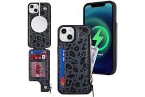 SailorTech iPhone 13 Etui mit Kartenhalter mag Safe, iPhone 13 Hülle mit Reißverschluss Kartenfach Geldbörse für iPhone 13 Handyhülle Lederhülle - Schwarzer Leopard