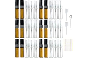 KIESWAN 30 unidades de 3 ml atomizador de perfume vacío botella de spray de vidrio pequeña para rellenar, mini bolsas de perfume, muestras de perfume para viajes, ámbar transparente con pipetas