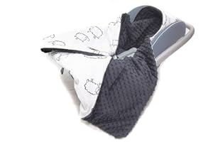MILLALU Hooded CAR SEAT PADDED BABY BLANKET Reversible Cotton/Minky * COVER * COSYTOES * PUSHCHAIR BLANKET (Black Sheep on White with Black Minky)