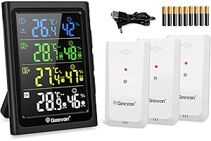 Geevon Indoor Outdoor Thermometer Wireless with 3 Remote Sensors, Digital Hygrometer Indoor Thermometer, Temperature Humidity Monitor Gauge with 200FT/60M Range (281B VA with Batteries)