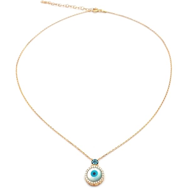 Evil Eye Necklace 14K Gold Plated - Blue Eye Pendant, 17.7+2" Chain, Cubic Zirconia, Lucky Jewelry Gift - View #10