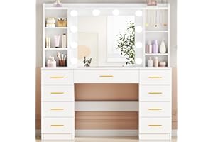 ANWBROAD Toeletta da Trucco con Luci LED Regolabile 3 Colori Toletta Trucco con Grande HD Specchio Tavolo da Trucco con 9 Cassetti 6 Ripiani Aperti e 5 Ganci Postazione Trucco Bianco BDT89W