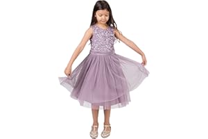 Maya Deluxe Vestido Midi para Niñas con Lentejuelas Adornadas para Fiesta, Tutú, Damas de Honor, Boda con Lazo para Cinturón