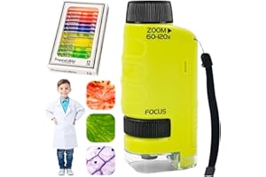 JEONDFG Taschenmikroskop für Kinder,60X-120X Taschenmikroskop mit LED,Mini-Mikroskop für Kinder,Pocket Mikroskop für Kinder,Tragbares Mikroskop mit 12 Objektträgern,Handmikroskop für Kinder Studenten Labor