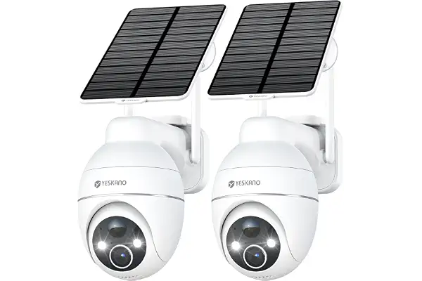YESKANO 2K Cámara de vigilancia WiFi Exterior inalámbrica, Panel Solar 360° PTZ cámara Exterior inalámbrica Solar batería 2,4 GHz, visión Nocturna Color, detección PIR, Audio bidireccional -2pcs