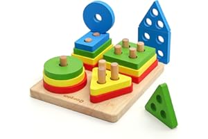 Coogam Drewniane zabawki do sortowania i układania w stosy, rozpoznawanie kolorów geometryczne bloki pasujące puzzle z sznurowaniem, edukacyjna gra planszowa