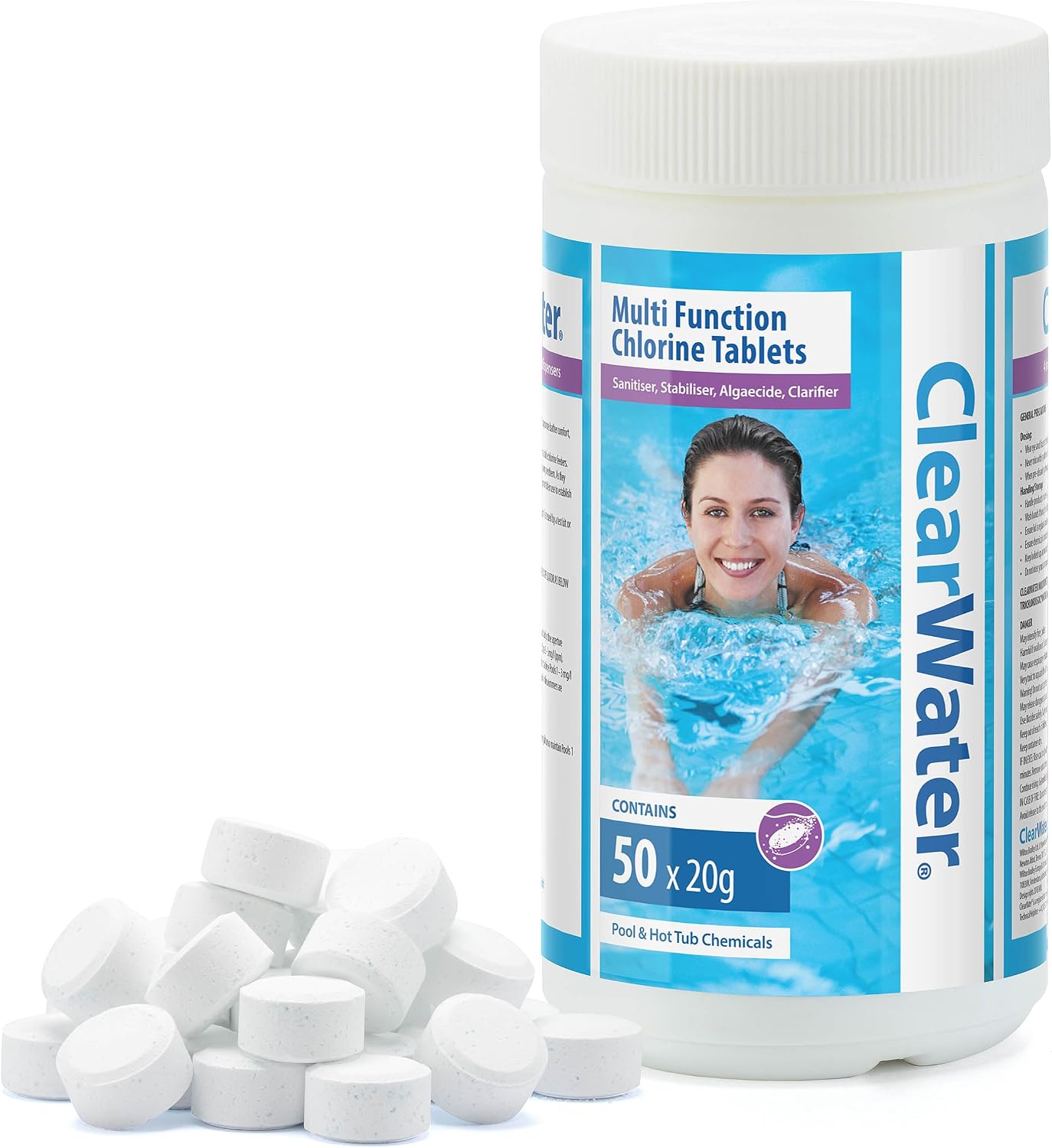 Clearwater 1 kg Multifunction Chlorine Tablets, 4-in-1 Dispenser Tablets (Sanitiser, Stabiliser, Algaecide and Clarifier) for Pools and Hot Tubs, 50 x 20 g, White