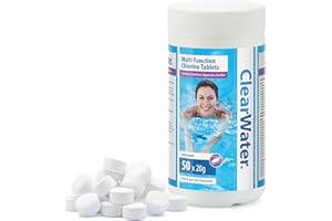 Clearwater 1 kg Multifunction Chlorine Tablets, 4-in-1 Dispenser Tablets (Sanitiser, Stabiliser, Algaecide and Clarifier) for Pools and Hot Tubs, 50 x 20 g, White