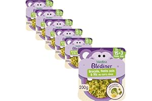 Blédina Morceaux à Dévorer - Petits Plats Bébé - Brocolis; Petits Pois et Riz au curry doux - Dès 15 Mois - 6 Assiettes de 200g