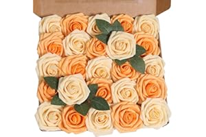 ANCOKIG Lot de 25 Roses artificielles en Mousse au Toucher réaliste pour décoration de Mariage, Demoiselle d'honneur, Bouquets de Table, décoration de fête, décoration de Maison (Orange Jaune,25 pièces )