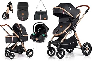 SELLING UNITED 3-in-1 Travel System Stroller, Black with Rose Gold Accents, Convertible Pushchair with Car Seat and Bassinet, Birth to 3 Years, 5-Point Safety Harness