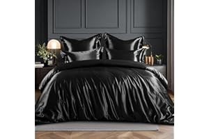 RUIKASI Satynowa pościel 200 x 220 cm, czarna – jedwabista luksusowa poszewka na kołdrę z połyskiem jak jedwab, zestaw pościeli do włosów i skóry, błyszcząca pościel 200 x 220 cm z zamkiem