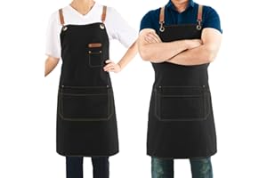 Magimate Canvas Apron with Pockets and Cross-back Straps for Chef Kitchen Cooking BBQ, Barista Bartender Barber Shop and Art Gardening Work Professional Aprons - Black