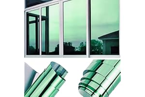 QOQIDUN One Way Window Film Heat Reflective Privacy Self Adhesive for Glass Windows, Anti Glare UV Sun Blocker Mirror Window Tint Film for Home and Office (Green-Silver, 60x400cm)