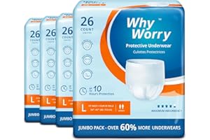 WhyWorry Culottes Incontinence pour Homme et Femme, Couche Culotte Adultes pour Fuites Urinaires, Slips Absorbants Jetables, Contrôle des Odeurs, Unisexe, Taille L, 104 Unités (4 Lot de 26)