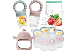 COZCLAM Chupete Fruta Bebe, Malla Fruta Bebe de Silicona - 2 Mordedor Fruta Bebe & 3 Tetinas, Recipiente para comida de bebé, Mordedor para Bebés | para Bebés de 3-24 Meses | Sin BPA (Azul & Rosa)