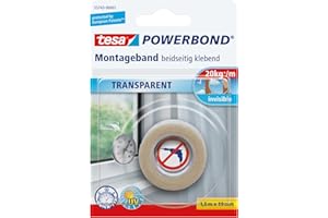 tesa Powerbond Montageband Transparent - doppelseitiges Klebeband - durchsichtiges Montage-Klebeband - transparent, 1,5 m x 19 mm, 1 Rolle