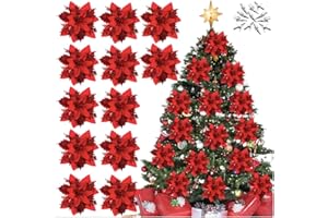 GENERICO 15 Fiori Albero Di Natale Rossi, Fiori Grandi Per Albero Di Natale Diametro 14 cm Resistenti Con Gancio Di Montaggio Incluso, Rose Rosse Per Addobbi Natalizi