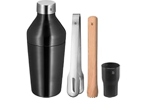 ‎WMF WMF Baric Cocktail Set 4 Pieces, Bartender Set with Stainless Steel Cocktail Shaker, cl Measuring Cup, Ice Tongs, Wooden Muddler, Can Be Stored Inside Each Other, Gift Box