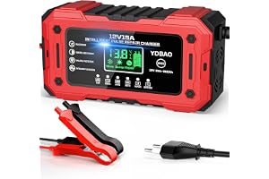 YDBAO Prostownik Samochodowy 15A 12V LiFePO4 AGM GEL EFB SLA WET | Inteligentna Ładowarka do Akumulatorów Auto i Moto z Wyświetlaczem LCD, Tryb Naprawy, Zabezpieczenia