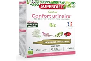 SUPERDIET- QUATUOR CONFORT URINAIRE BIO -Reine des prés, Bruyère, Frêne, Cranberry - Format nomade - 20 Unidoses de 15 ml