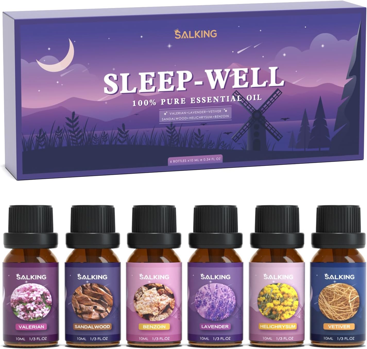 SALKING Juego de Aceites Esenciales para Dormir - Aceites Puros y Naturales para Humidificadores y Difusores - Lavanda, Vetiver, Sándalo, Valeriana, Helicriso, Benjuí