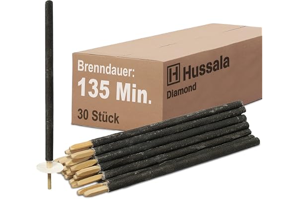 Hussala Diamond Lot de 30 torches en cire avec tige en bois et protection anti-gouttes, torches de jardin en cire diamant