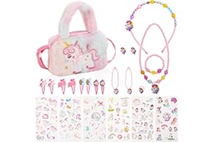 ‎NEWOFVIEW Newofview Einhorn Handtasche Schmuckset Für Mädchen - Halskette, Armband, Ring, Haarspange - Kinderschmuck Rollenspiel Geburtstagsgeschenk