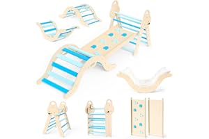 HOYIYOBI 7 in 1 Frame di arrampicata per bambini, giocattolo di arrampicata indoor pieghevole, set di arrampicata in legno Montessori con archi, rampa e scala, area giochi indoor (Blu)
