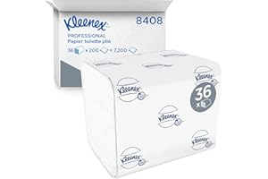Kleenex Papier Toilette Plié 8408, 2 Épaisseurs, Format Grand, Doux et Résistant, Distribution Feuille à Feuille, 36 Paquets x 200 Feuilles (7 200 au Total)