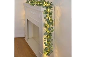 N&T NIETING Artificial Eucalyptus Garland, 2Pcs Greenery Vines Garland with LED light and White Flowers, 6Ft Fake Hanging Greenery Plant for Wedding Arch Backdrop Table Indoor Outdoor Home Decor