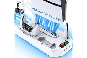 Tokluck Support PS5 pour PS5/PS5 Slim/PS5 Pro, Station de Refroidissement avec Charge à Double Manettes, Ventilateur de Refroidissement à 3 Vitesses avec Casque et 3 Ports USB