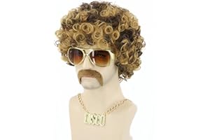 LeMarnia 70er Jahre Disco Dude Dirt Bag Perücke 3er Set Herren Perücke Flauschige Lustige Halloween Party Perücken Das Set beinhaltet Halskette und Bart