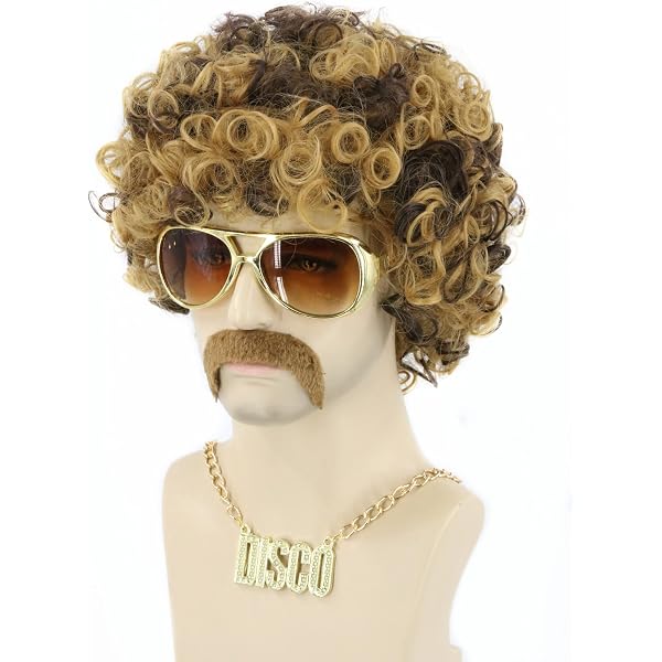 Yuehong Herren Afro-Perücke – Lockige Schwarze Rocker-Perücke Mit Schnurrbart Für 70er/80er-Partys