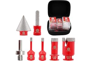 FOCSTOL Foret Diamant Carrelage Kit - 7 pièces (6/8/20/35mm+10mm Fraise+35mm Mèches Chanfrein Biseautées+Adaptateur) Scie Cloche Diamantée pour Porcelaine Carrelage Marbre Granit
